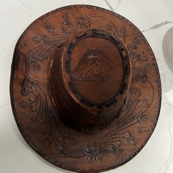Vintage Leather Hand Tooled Hand Made Leather Western Gaucho Hat Sz 7 1/2 main image 14
